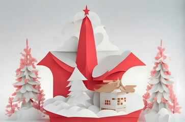 christmas tree on a podium with gifts paper art style ai generated background