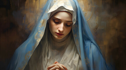 Virgin Mary, religious painting illustration. The image of the Blessed Virgin Mary. The image of the Blessed Virgin Mary with her hands folded in prayer.