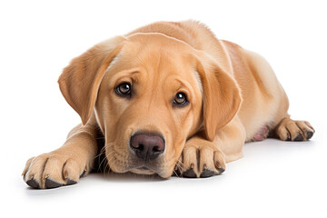 Cute lying dog on white background
