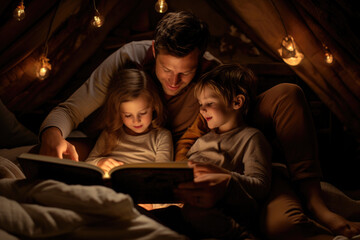 Obraz na płótnie Canvas Parent reading bedtime stories, tucking in their children, and sharing a quiet, loving routine