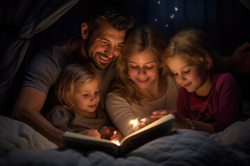 Parent reading bedtime stories, tucking in their children, and sharing a quiet, loving routine