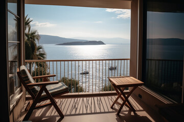 View of the sea from terrace of luxury hotel, holiday concept coastal getaway