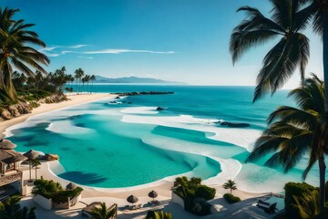Fototapeta premium A breathtaking view from the windows of a beachfront residence, capturing the serene beauty of the endless ocean and a pristine beach