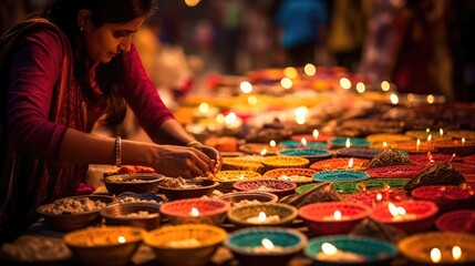 Burning diya oil lamp. Traditional symbol of Indian Happy Diwali Festival banner. Celebration festival of light colorful Background with diyas..