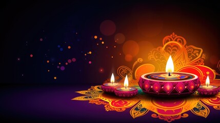 Burning diya oil lamp. Traditional symbol of Indian Happy Diwali Festival banner. Celebration festival of light colorful Background with diyas..