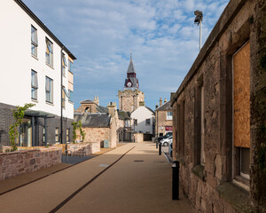 8 September 2023. Nairn,Highlands and Islands,Scotland. This is the view looking along Court House Lane with the Nairn Clock Tower on a sunny afternoon.