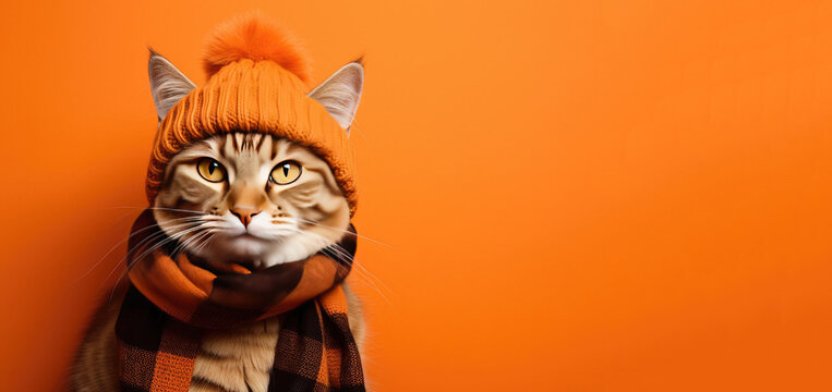 Cute Cat Dressed in a Fall/ Autumn Scarf and Hat on an Orange Background with Space for Copy