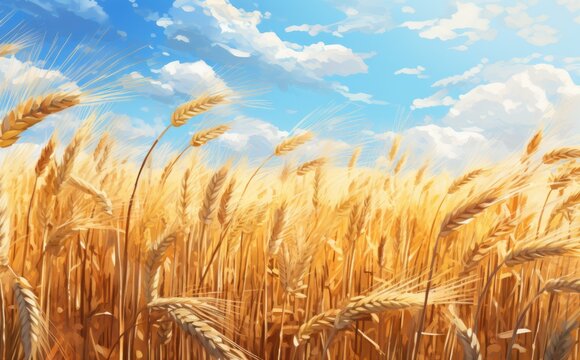 Yellow agricultural field with ripe wheat against the blue sky. ears of wheat close-up