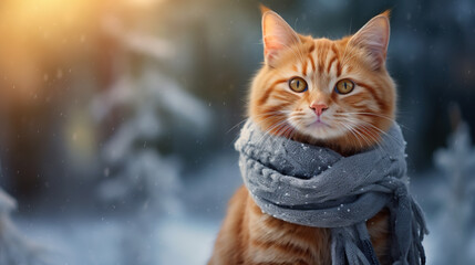 Red cat with a thick shawl outside in the snow.