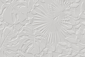 Embossed leafy white 3d seamless pattern. Beautiful floral relief background. Repeat textured vector backdrop. Surface emboss palm leaves. 3d endless ornament with embossing effect. Leafy texture