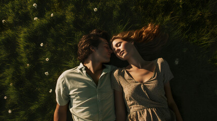 young happy couple of man and woman lying on grass at sunny summer, romantic love of male and female, generative AI