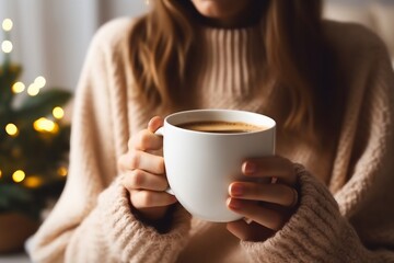 Woman's hands in sweater holding cup of hot drink coffee indoors. Still life composition. generative ai.
