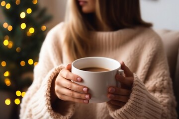 Woman's hands in sweater holding cup of hot drink coffee indoors. Still life composition. generative ai.