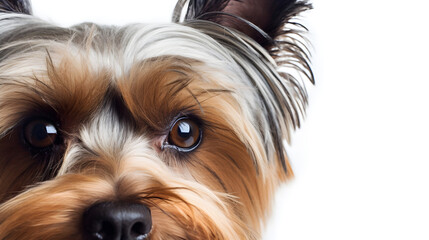 Yorkshire Terrier face macro close-up, isolated on white
