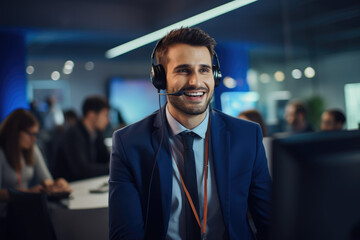 Portrait of call center worker wearing headsets and collaborating to solve customer issues