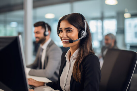 Portrait of call center worker wearing headsets and collaborating to solve customer issues