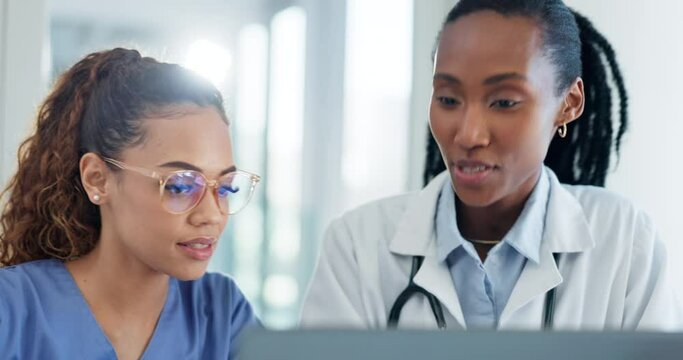 Doctors, medical women and on laptop for planning, healthcare research and advice or support or clinic database. Nurse or hospital people on laptop for mentor, internship and teamwork in telehealth