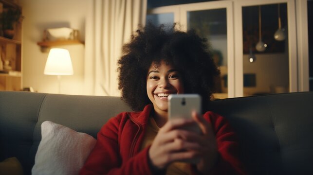 Happy afro American woman relaxing on the sofa at home, Smiling girl taking selfie picture with smartphone lying on the couch.