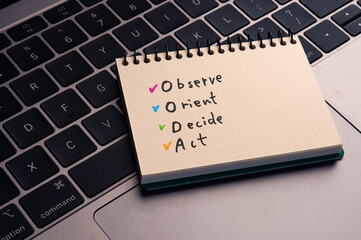 There is notebook with the word Observe Orient Decide Act. It is as an eye-catching image.