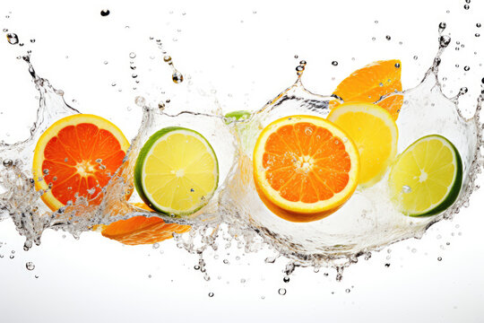 Splashing citruses on white background