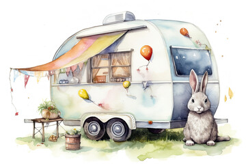 Illustration of a vintage travel trailer with bunny rabbit