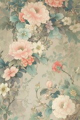 Japanese vertical background with flower white peony on turquoise green background. Vintage oriental natural floral pattern. Luxury ornate pattern for creating textiles, wallpaper, poster