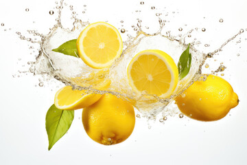 Splashing lemons on white background