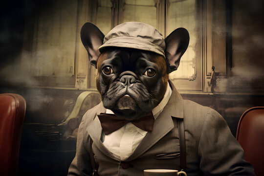 French bulldog in a newsboy outfit in a vintage setting