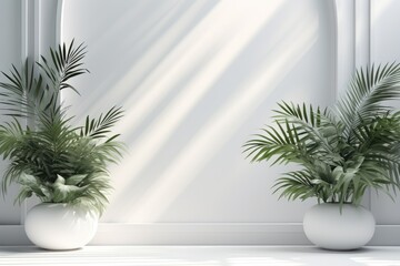 Abstract white studio background for product presentation. Empty room with shadows from windows and flowers and palm leaves. 3D room with copy space