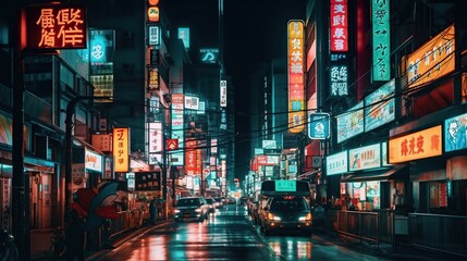 Shinjuku streets at night: Neon billboards in Tokyo, Japan, modern cityscape.