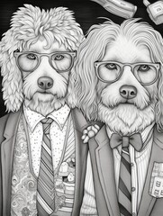 labradoodle dogs in glasses and suits, coloring pages, coloring book, greyscale, funky cool pets, funny labradoodle puppies, cool dogs, well dressed pets, illustration, graphic art poster