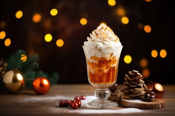 Spiced citrus latte with whipped cream topping and cinnamon. Hot chocolate or coffee. Winter drink on dark background with lights. Holidays treats concept. Copy space