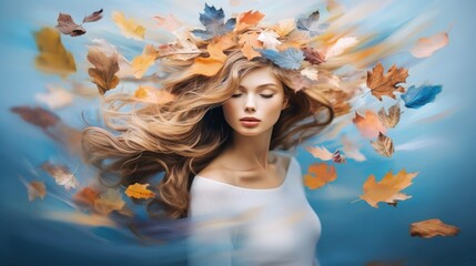 Woman with hair flowing in the wind with autumn leaves on a blue nature sky background