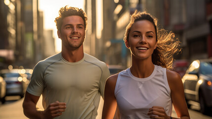 Attractive couple running outside on sunny day. Generative AI