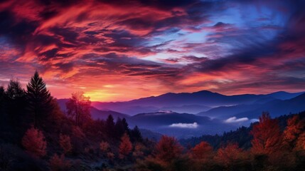 Fototapeta na wymiar A colorful sunset over a mountain range with clouds