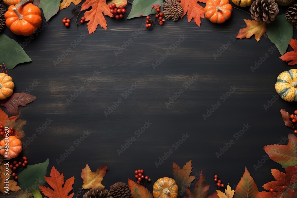 Wall mural autumn frame with cute colorful leaves and pumpkins. thanksgiving and harvest day trendy black woode