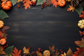 Autumn frame with cute colorful leaves and pumpkins. Thanksgiving and Harvest day trendy black wooden background with beautiful leaves. Fall leaf border with copy space