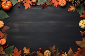 Deurstickers Autumn frame with cute colorful leaves and pumpkins. Thanksgiving and Harvest day trendy black wooden background with beautiful leaves. Fall leaf border with copy space © ratatosk