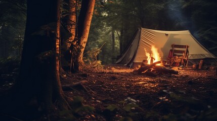 A tent in the woods with a campfire in the foreground - obrazy, fototapety, plakaty