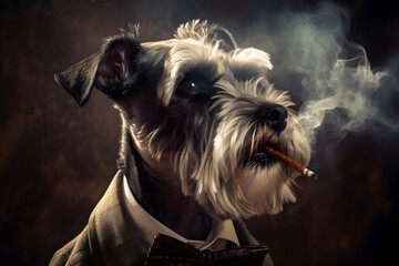 Close-up of a gray Schnauzer in a suit smoking in a dark moody setting
