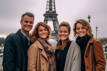 Group portrait photography of a grinning woman in her 30s that is with the family against the Eiffel Tower in Paris France