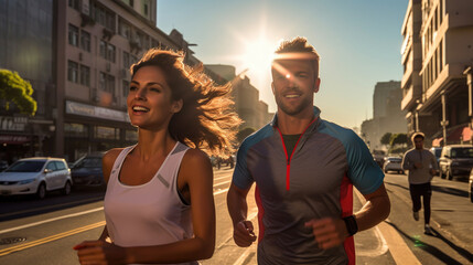 Attractive couple running outside on sunny day. Generative AI