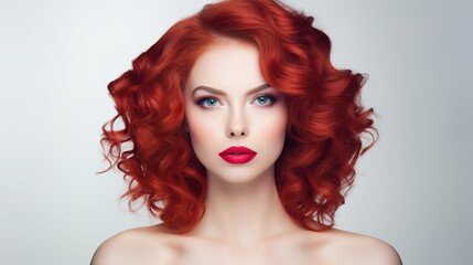 Beautiful smiling woman with long wavy hair. Girl curly hairstyle and red manicure nails . Beauty ,makeup and cosmetics. generative ai