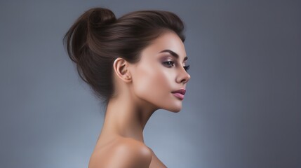 young woman profile face closeup studio photo, natural beauty concept. generative ai