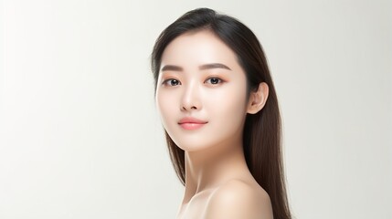 Young cheerful woman looking at the camera, beauty and spa, Asian woman portrait on a white background. generative ai