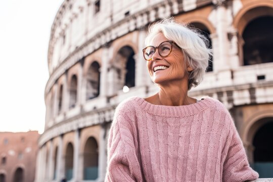 Lifestyle portrait photography of a satisfied woman in her 60s that is wearing a cozy sweater against the Colosseum in Rome Italy