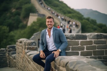 Fototapeta na wymiar Lifestyle portrait photography of a satisfied man in his 30s that is with the family at the Great Wall of China in Beijing China
