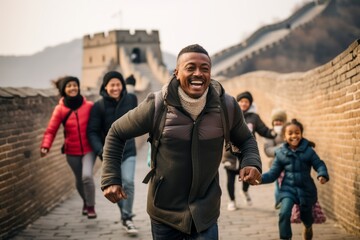 Lifestyle portrait photography of a pleased man in his 30s that is with the family at the Great Wall of China in Beijing China