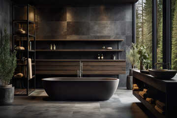 Luxurious modern bathroom with tub and large window, sink with mirror and decor, wooden floor, Generative AI