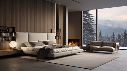 Modern minimalistic beige bedroom interior design, wither concept with fireplace, Generative AI